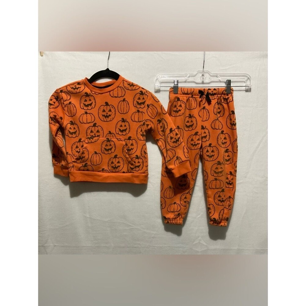 Wonder Nation Toddler Boys 3T Halloween Pumpkin Fleece Sweatshirt Jogger Set